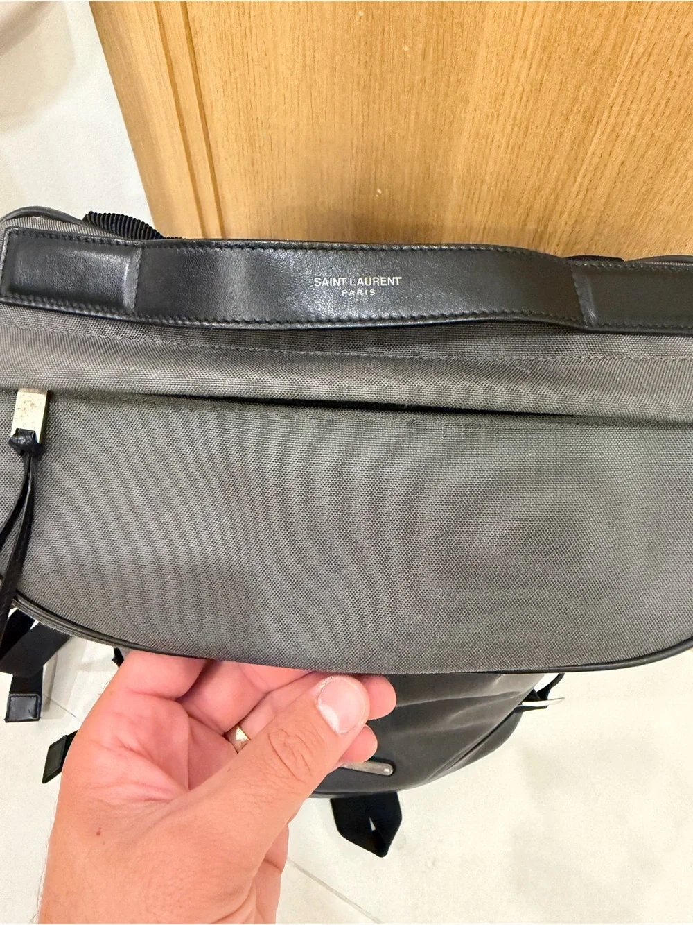 Saint Laurent Gray Roll-Top Backpack with Silver Hardware